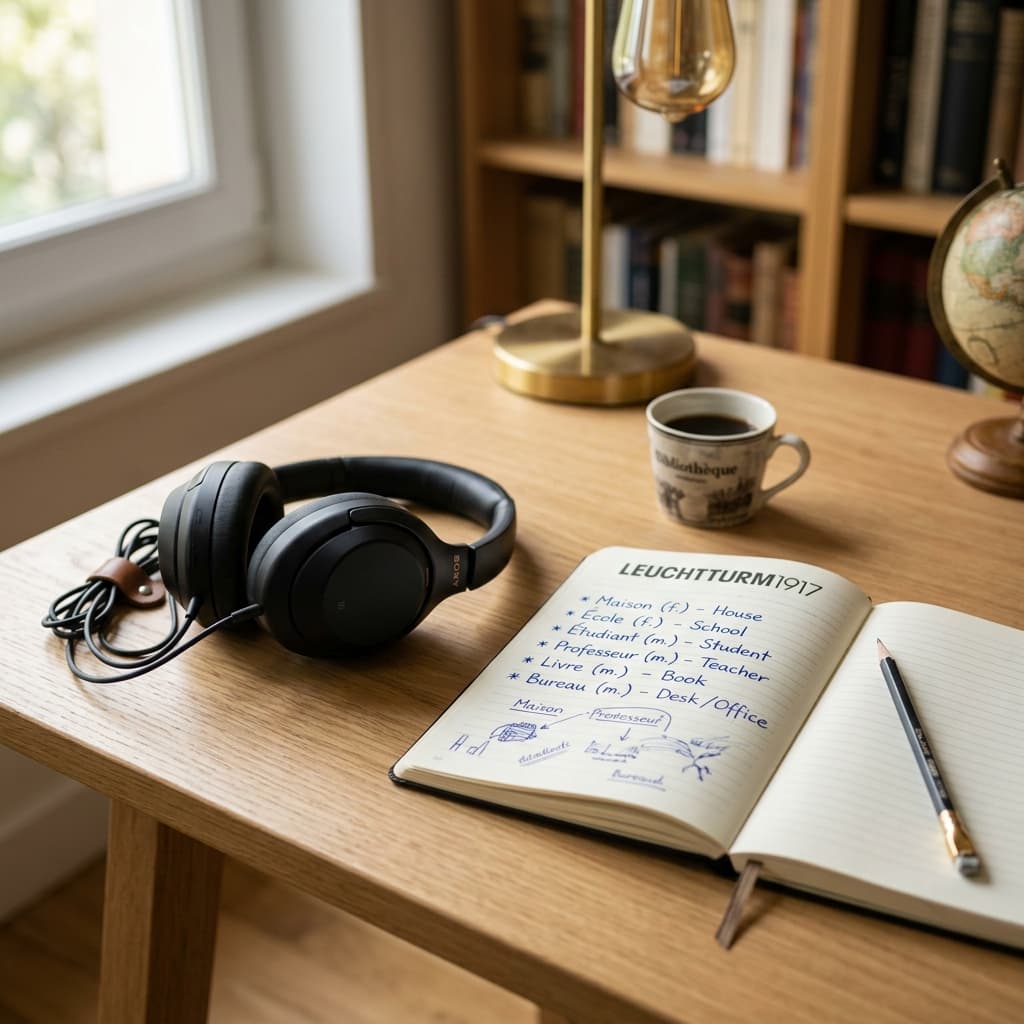 Sleek professional headphones resting on a minimalist desk next to an open notebook.