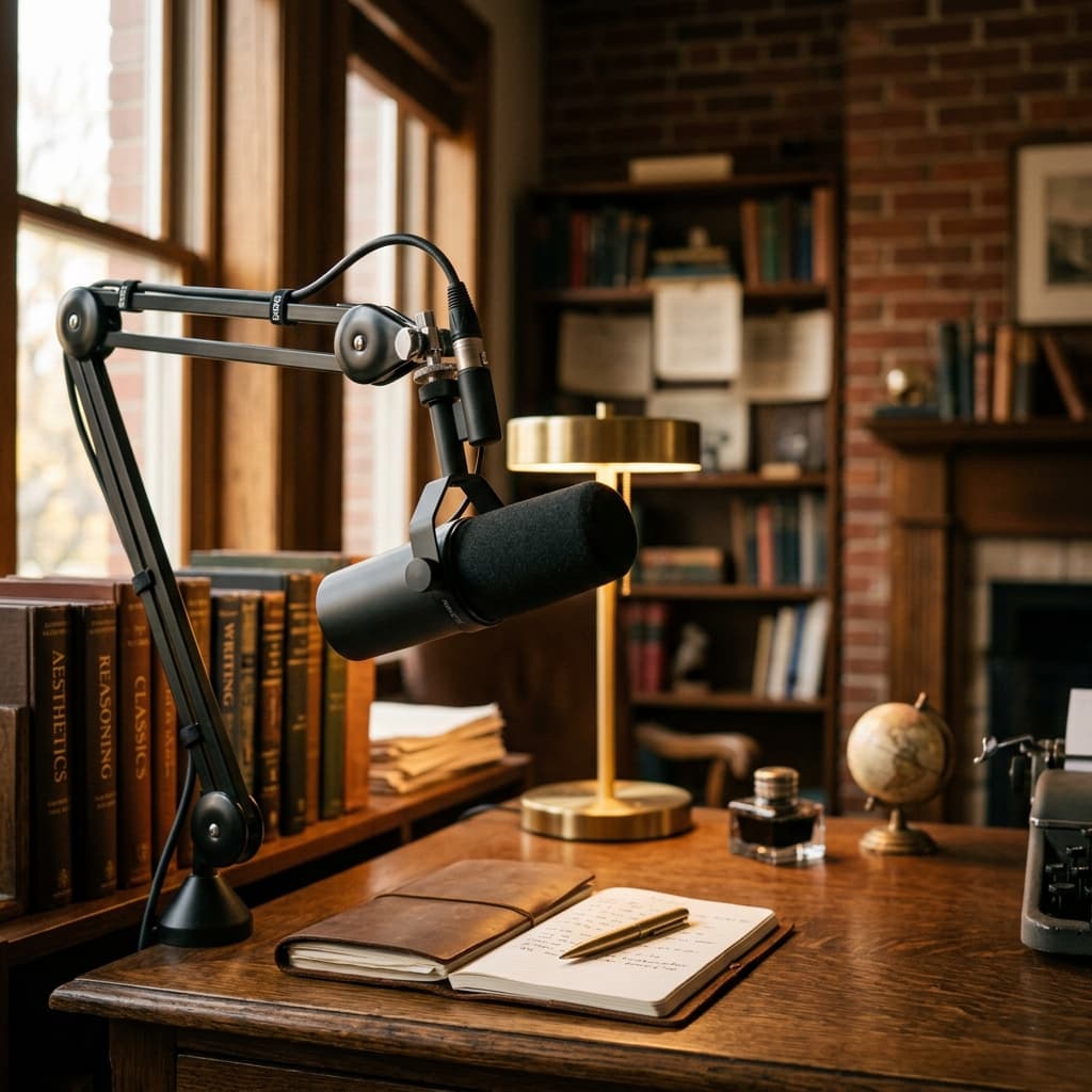 A studio microphone in a minimalist study room, with a warm ambient background.