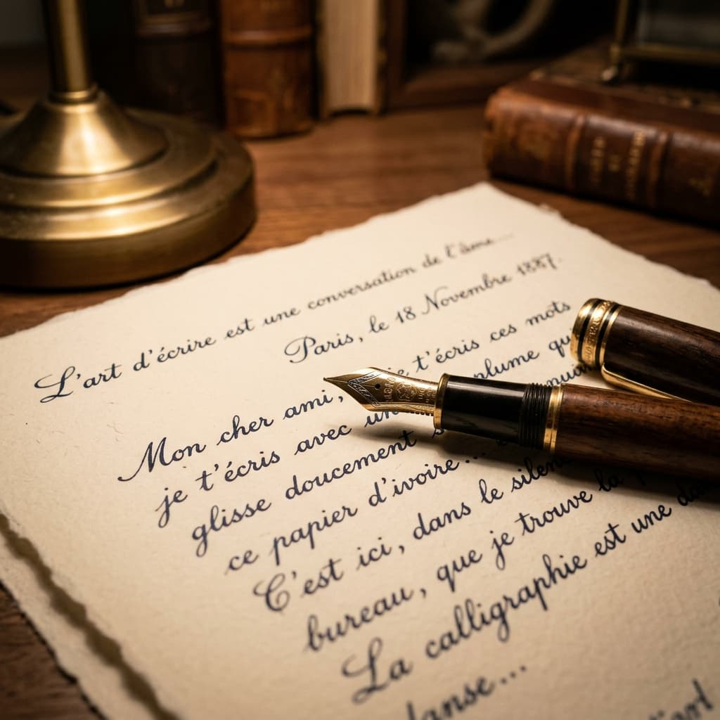 A classic fountain pen resting on premium ivory paper with elegant handwritten French cursive text.